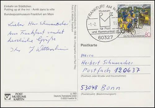 1337 Tag der Briefmarke EF AK Postkutsche SSt Frankfurt/Main Post-Museum 1.2.95