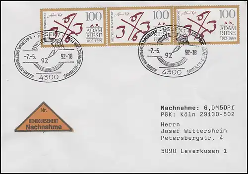 1612 Adam Riese Rechenmeister, MeF NN-FDC ESSt Sindelfingen Messe-Symbol 7.5.92