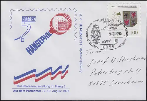 1661 Mecklenburg-Vorpommern EF Bf SSt Rostock HANSEPHIL & Segelschiff 9.8.1997