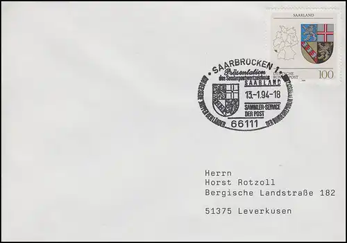 1712 Saarland, EF FDC ESSt Saarbrücken Wappen & Marken-Präsentation 13.1.1994