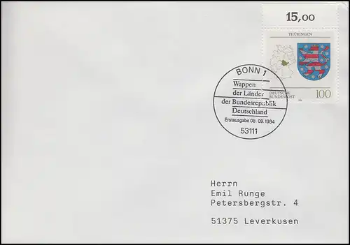 1716 Thüringen, EF FDC ESSt Bonn Wappen der Länder 8.9.1994