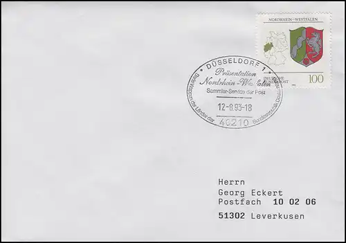 1663 Nordrhein-Westfalen EF FDC ESSt Düsseldorf Präsentation NRW 12.8.93