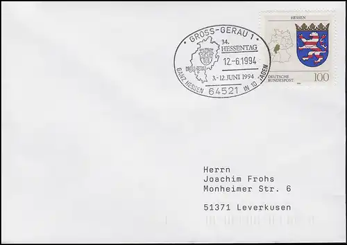 1660 Hesse EF Lettre SSt Gross-Gris Carte & Hessetag & Armoiries 12.6.1994