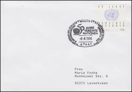 1804 Nations unies, EF FDC ESSst Moers 50 ans Nations Unies 8.6.1995