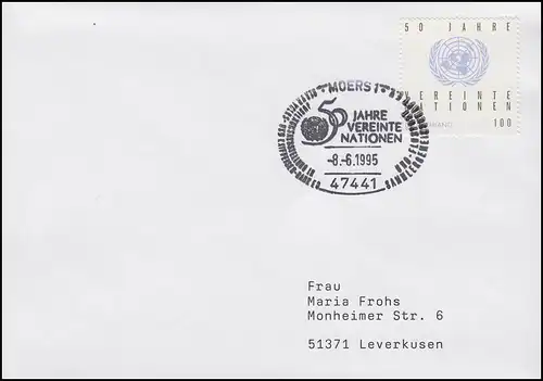 1804 UNO, EF FDC ESSt Moers 50 Jahre Vereinte Nationen 8.6.1995