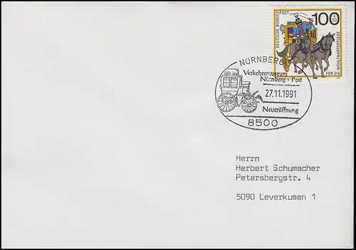 1439 Postbeförderung EF Brief SSt Nürnberg Verkehrsmuseum Postkutsche 27.11.91