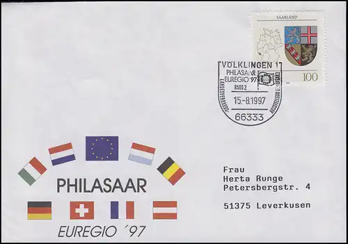 1712 Armoiries Sarre, EF Bf St Völklingen EUREGIO & Philasaar Europa 15.8.1997