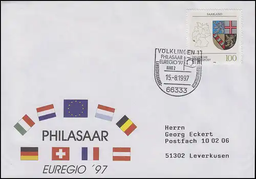 1712 Wappen Saarland, EF Bf SSt Völklingen Europa: EUREGIO & PHILASAAR 15.8.1997