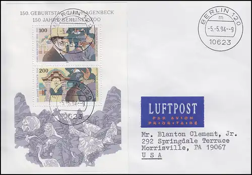 Block 28 Berliner Zoo & Carl Hagenbeck, EF Lp-FDC Ersttagstempel Berlin 5.5.94