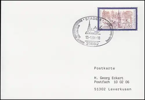 1709 Stade, EF FDC-Postkarte ESSt Stade Altsstadt & Markenübergabe 13.1.94