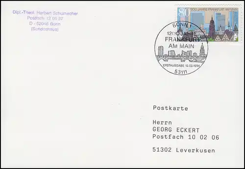 1721 Francfort/Main, EF Carte postale FDC ESSt Bonn Panorama urbain 10.2.1994