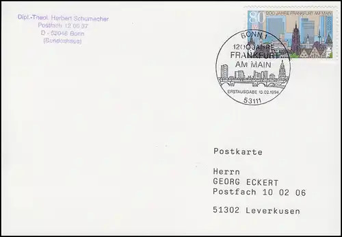 1721 Frankfurt/Main, EF FDC-Postkarte ESSt Bonn Stadtpanorama 10.2.1994