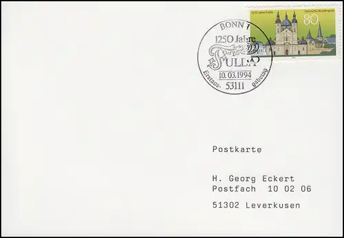 1722 Fulda, EF Carte postale FDC ESSt Bonn 1250 ans Fullda 10.3.1994