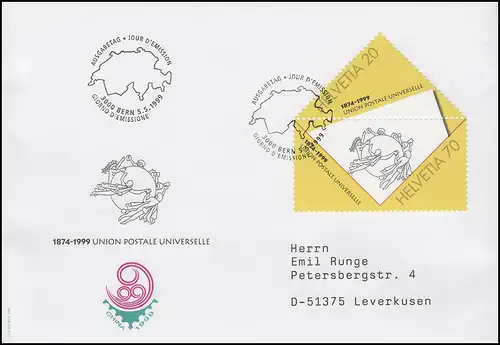Schweiz 125 Jahre Weltpostverein & UPU-Symbol, Schmuck-Brief SSt Bern 5.5.1999