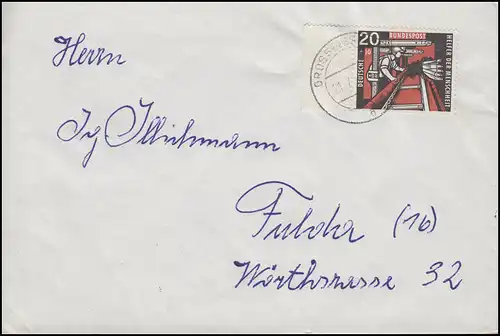 272 Wofa Houille 20 Pf Randbück EF Brief Großibstadt 21.7.58 vers Fulda