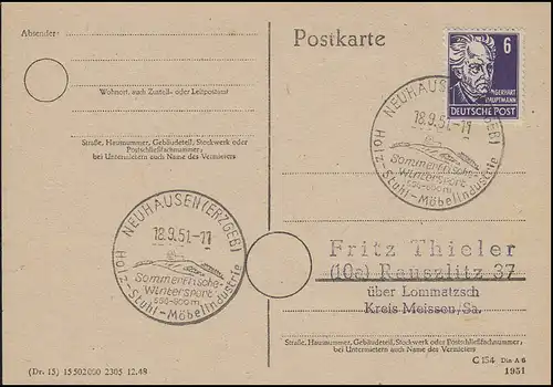 213 Gerhard Hauptmann, PK SSt Neuhausen/Erzgebirge Bois - Chaise - Meubles 18.9.51