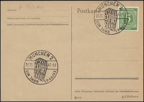 915 Ziffer 5 Pf Blanko-PK SSt München Ein Jahr Export-Schau 20.11.47