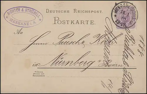 40 Ziffer 5 Pf auf Postkarte Meerane/Sachsen 14.1.88 nach Nürnberg