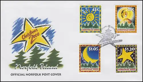 Norfolkinsel: Weihnachten 2000, 4 Werte, Satz Sonne Mond Sterne Kerze auf FDC