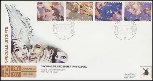 Niederlande: Weihnachten 1996, 4 Werte auf Schmuck-FDC Groningen 26.11.96