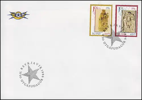 Island: Weihnachten 1996, 2 Werte auf Schmuck-FDC Skulpturen 5.11.1996