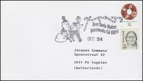 USA: Weihnachten 1998 - Sacramento CA, Weihnachtskranz Bf in die NL 24.12.1998