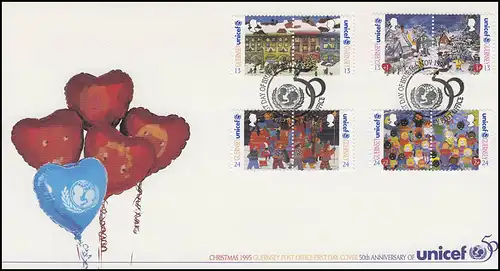 Großbritannien - Guernsey: Weihnachten 1995, 4 ZD, Schmuck-FDC UINICEF 16.11.95