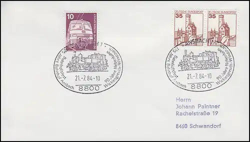 125 Jahre Bahnhof Ansbach & Bahnhofsfest, Brief SSt Ansbach Eisenbahn 21.7.1984