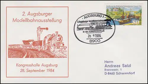 2. Augsburger Modellbahnausstellung, Brief SSt Augsburg Eisenbahn 28.9.1984