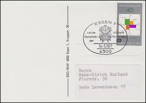 Letzte offizielle Dampflok-Sonderfahrt der DB, Ansichtskarte SSt Essen 14.5.1977
