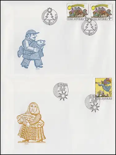Tschechische Republik: Weihnachten 1998, 2 Werte auf 2 Schmuck-FDC Prag 18.11.00