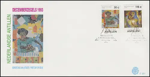 Antilles néerlandaises: Noël 1993, 2 valeurs sur le FDC de bijoux 1.12.1993