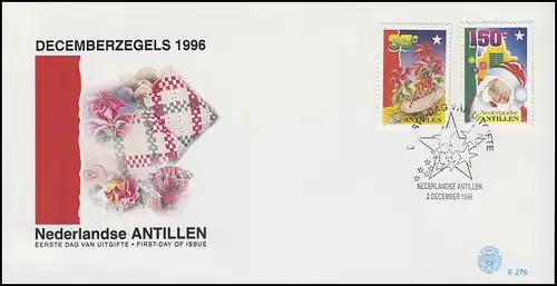 Antilles néerlandaises: Noël 1996, 2 valeurs sur le FDC de bijoux 2.12.1996
