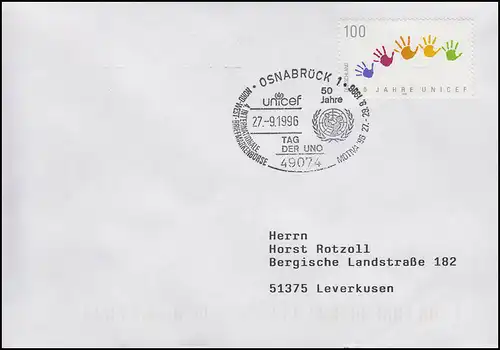 1869 UNO-Kinderhilfswerk UNICEF, EF Brief SSt Osnabrück Tag der UNO 27.9.1996