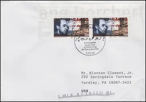 1858 Wolfgang Borchert Schriftsteller, MeF FDC ESSt Bonn 3.5.1996 in die USA