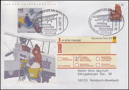 Block 41 Tag der Briefmarke, MiF R-Brief SSt Frankfurt/Main Flugzeug 24.9.1997