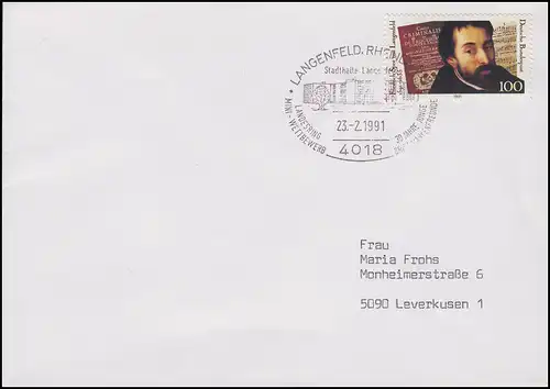 1503 Spee von Langenfeld Dichter, EF Brief SSt Langenfeld Stadthalle 23.2.1991