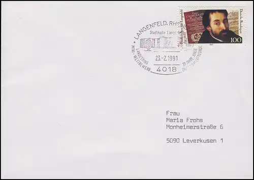 1503 Spee von Langenfeld Poète, EF Brief SSt Langenfield Stadthalle 23.2.1991