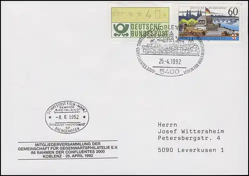 1583y Koblenz, MiF Brief SSt Koblenz Confluentes 2000 & Stadtansicht 25.4.1992