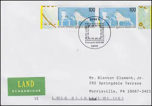 1783 Uni Carolo-Wilhelmina Braunschweig, MeF FDC ESSt Bonn 9.3.1995 in die USA