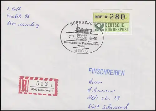 150 ans de chemin de fer allemand, EF ATM 280 Pf R-Bf SSt Nuremberg Kampok 7.12.1985