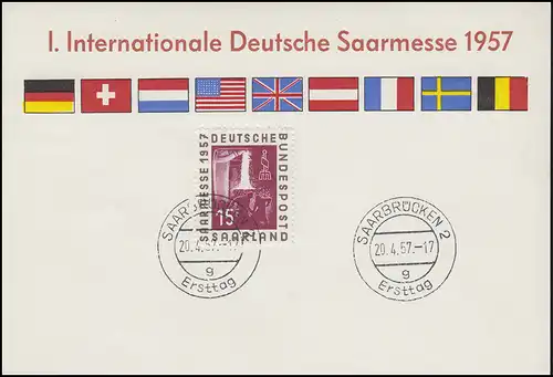 Carte des expositions I. Internationale Deutsche Saarmesse 1957 Sarrebruck Premier jour 20.4.57