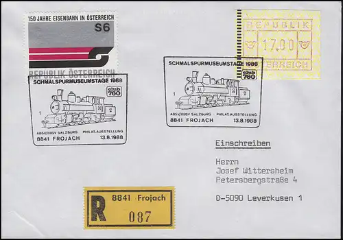 Österreich: Schmalspurmuseumstag 1988, MiF R-Brief SSt Frojach Dampflok 13.8.88