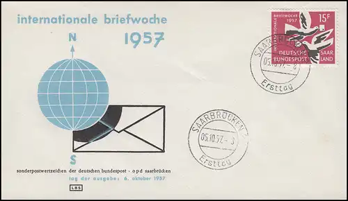 408 Briefwoche & Tauben & Globus 1958, Schmuck-FDC Saarbrücken Ersttag 5.10.57