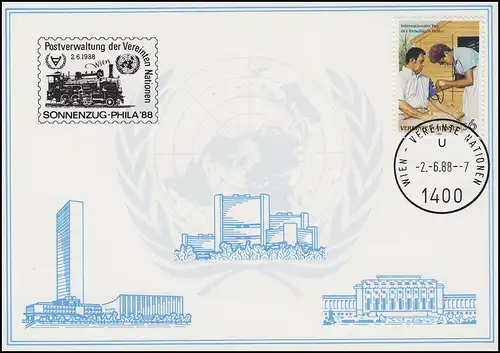 Eisenbahn in SONNENZUG-PHILA'88 Dampflok, UNO-Karte Wien 2.8.1988