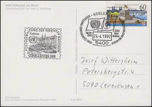 1583y Koblenz, EF AK Deutsches Eck SSt Tag der UNO 24.4.92 & UNO-Nebenstempel