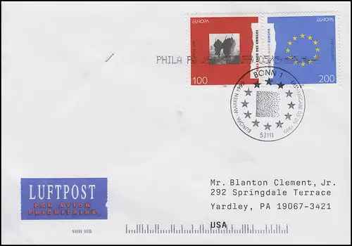 1790-1791 EUROPA Soldaten & Europafahne, Lp-FDC ESSt Bonn 5.5.1995 in die USA