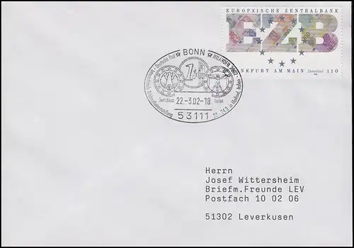 2000 EZB Europäische Zentralbank, Bf SSt Bonn MILANOFIL & Euro Italien 22.3.2002