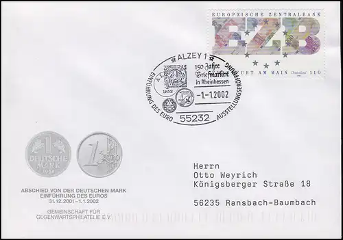 2000 EZB Europäische Zentralbank, Bf SSt Alzey Einführung des Euro 1.1.2002
