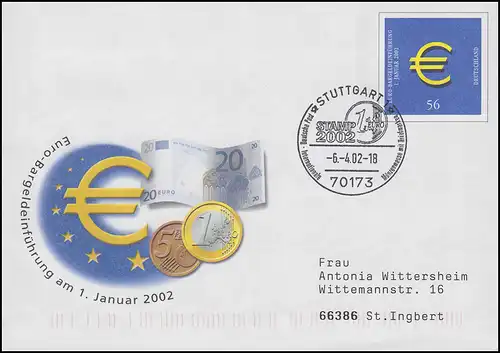 USo 33/01 Introduction de l'euro en espèces, SSt Stuttgart STAMP 2002 & Euro 6.4.2002